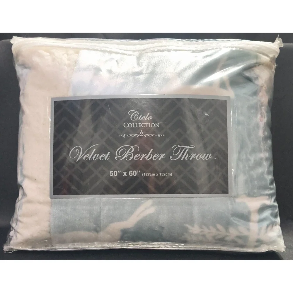 Velvet Berber Soft‎ and Cozy Throw Blanket, Lt Blue with White Deer and Trees